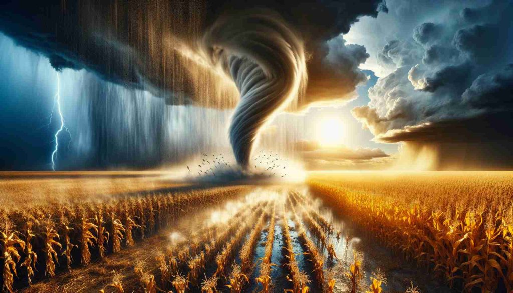 Depict a realistic, high-definition scene of an unusual and extreme weather phenomenon, such as a swirling tornado or a sudden downpour of rain, amplifying an already intense heatwave in the Midwest region of the United States. Capture the details of the landscape, like golden cornfields under the sweltering sun, along with storm clouds gathering in the sky. Show the contrast between the scorching environment and the cool relief brought by the unexpected weather, with visible steam evaporating from the ground due to the sudden temperature change.