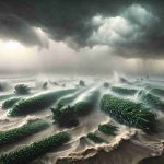 Detailed and high-resolution image of an unusual and severe rainstorm devastating agricultural lands located in the Midwest region. The image captures the intensity of the downpour and the rising water level in the fields, which engulf the crops. The gloomy sky, heavy with ominous rain clouds, dominates the scenery, while the winds whip the plants and trees violently, indicating the severity of the conditions. This scene dramatically illustrates the destructive force of nature and its impact on human livelihoods.