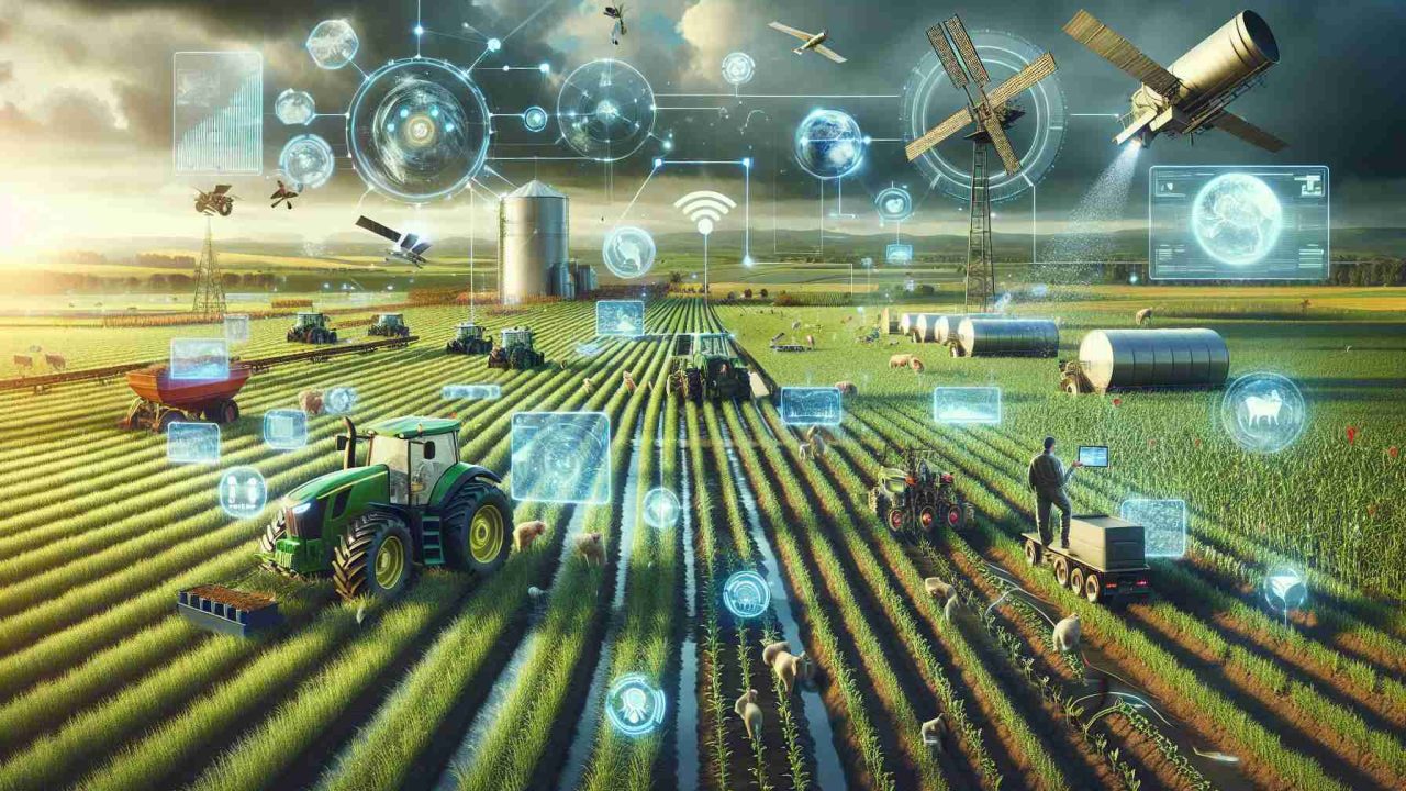 A highly detailed and realistic representation of the revolutionary impact that cutting-edge information integration is having on agriculture. The image should depict a futuristic farm scene where traditional farming practices are combined with advanced technologies. This could include the application of AI, big data, robotics, and satellite imagery for improved crop yields and precision farming. The image might contain robotic tractors performing tasks autonomously on vast farmlands, field data being analyzed on computer screens, a farmer using a tablet for remote operations, and satellite weather data being used for strategic crop planting.