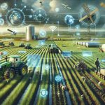 A highly detailed and realistic representation of the revolutionary impact that cutting-edge information integration is having on agriculture. The image should depict a futuristic farm scene where traditional farming practices are combined with advanced technologies. This could include the application of AI, big data, robotics, and satellite imagery for improved crop yields and precision farming. The image might contain robotic tractors performing tasks autonomously on vast farmlands, field data being analyzed on computer screens, a farmer using a tablet for remote operations, and satellite weather data being used for strategic crop planting.