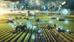 A highly detailed and realistic representation of the revolutionary impact that cutting-edge information integration is having on agriculture. The image should depict a futuristic farm scene where traditional farming practices are combined with advanced technologies. This could include the application of AI, big data, robotics, and satellite imagery for improved crop yields and precision farming. The image might contain robotic tractors performing tasks autonomously on vast farmlands, field data being analyzed on computer screens, a farmer using a tablet for remote operations, and satellite weather data being used for strategic crop planting.