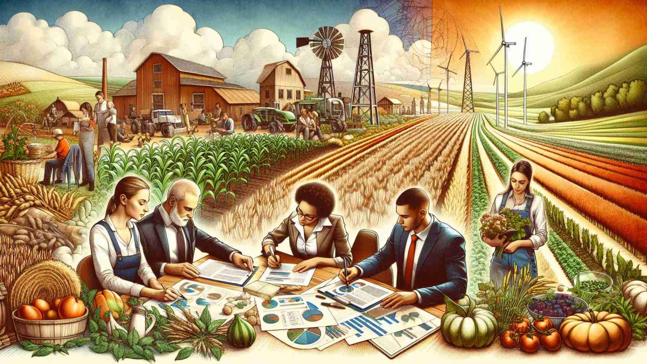 Detailed image depicting the concept of revitalizing agriculture. Show a gallery full of freshly harvested crops thriving in the fields. Nearby, show representatives drafting legislation on a countryside farm table. The representatives are a diverse group, including a Caucasian man, a Middle Eastern woman, a Black woman, a Hispanic man, and a South Asian man. Each individual is deeply engrossed in discussion and documentation. Depict a mix of elements reflecting both traditional farming techniques and modern technology. In the background, show a sunny landscape with a windmill, symbolizing a brighter future for agriculture.