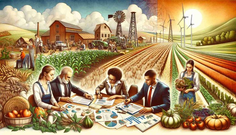 Detailed image depicting the concept of revitalizing agriculture. Show a gallery full of freshly harvested crops thriving in the fields. Nearby, show representatives drafting legislation on a countryside farm table. The representatives are a diverse group, including a Caucasian man, a Middle Eastern woman, a Black woman, a Hispanic man, and a South Asian man. Each individual is deeply engrossed in discussion and documentation. Depict a mix of elements reflecting both traditional farming techniques and modern technology. In the background, show a sunny landscape with a windmill, symbolizing a brighter future for agriculture.