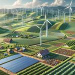 Render a highly realistic, high definition image showcasing the rise of sustainable agriculture in European countries. Illustrate lush fields with windmills and solar panels signifying renewable energy, terraced vineyards showing the use of land efficiently, planted rooftops indicating urban gardening, and farmers employing regenerative farming techniques. Use drone's point of view to depict the grandeur of the scene and demonstrate the harmony between nature and human innovation for sustainability.