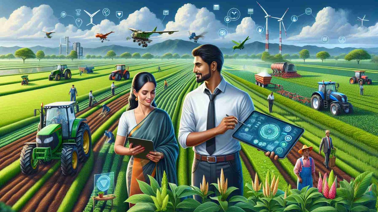 Depict a high definition image showcasing the transformation of the agriculture sector in Trinidad and Tobago. Perhaps, this image features vast green fields, modern farming equipment, and farmers inspecting the crops. There is a central focus on sustainable farming techniques being used, like contour ploughing, crop rotation, and agroforestry. On the left there's a Hispanic male farmer using a tractor, and on the right a South Asian female farmer is holding a digital tablet that provides real-time data about the soil and crops.