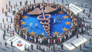 High-definition, realistic image of an abstract concept: Protecting Public Health in the European Union through new regulatory measures. This can be depicted as a large group of diverse European citizens - a mixed gender group including Caucasian, Black, Middle-Eastern, South Asian, and Hispanic individuals - actively participating in health-conscious activities. These can be shown alongside symbolic representations of novel regulations such as documents with new policies, and public health symbols like the caduceus. The entire scene should give an impression of unity, health protection, and progress.