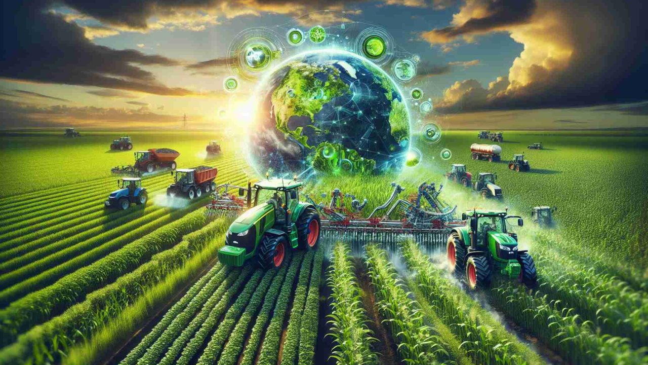 An ultra high-definition, realistic portrayal of the Green Revolution through innovative engine technology in agriculture. Capture the essence of advanced, eco-friendly machinery working on lush farming fields. Exhibit the transformation brought about by this revolution with high-powered tractors, advanced irrigation systems, and other equipment highlighting the fusion of modern technology with traditional farming practices. The setting should be vibrant with an abundance of crops, and a clear sky, representing hope for a sustainable future.