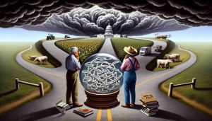 An image that depicts a metaphorical representation of agricultural policy and its uncertain future. Envisage a sturdy but sufficiently old farmer looking at an ambiguous road that splits into multiple paths, each bristling with pros and cons, representing various legislative options. The farmer could be a Hispanic female farmer holding in one hand a book entitled 'Agricultural Policy' and in the other hand, a crystal ball projecting the uncertain future amidst swirling clouds. The background displays a realistic rural landscape with a storm looming, signifying legislative disputes.