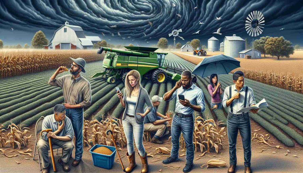 A highly detailed and realistic image of a group of diverse farmers in Ohio dealing with unusual weather challenges. It shows a Hispanic woman operating a combine harvester, a Caucasian man trying to cover crops with a plastic sheet in strong winds, a Black man checking his smartphone for weather updates and a South Asian woman discussing weather strategies with a Middle-Eastern man, both under an umbrella. There's a backdrop of dark, stormy clouds. Include elements to denote the farmland — cornfields, wheat fields, barns, farmhouses, tractors.