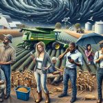 A highly detailed and realistic image of a group of diverse farmers in Ohio dealing with unusual weather challenges. It shows a Hispanic woman operating a combine harvester, a Caucasian man trying to cover crops with a plastic sheet in strong winds, a Black man checking his smartphone for weather updates and a South Asian woman discussing weather strategies with a Middle-Eastern man, both under an umbrella. There's a backdrop of dark, stormy clouds. Include elements to denote the farmland — cornfields, wheat fields, barns, farmhouses, tractors.