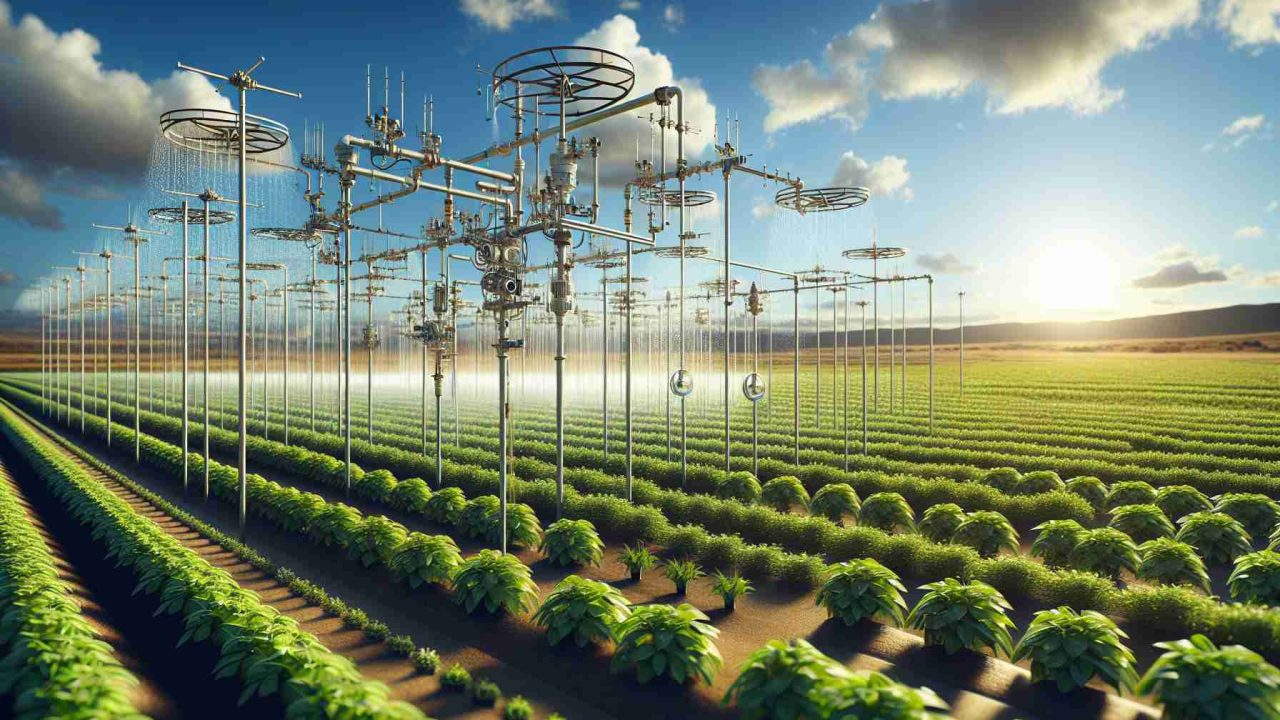 Generate a realistic High Definition image displaying innovative water conservation methods being employed in the agricultural sector of Texas. The scene should depict a vast, sunlit field with crops thriving under an advanced irrigation system. Include components like capillary tubes, drip irrigation, and other cutting-edge watering apparatus. The background might showcase a classic wide-open Texas landscape with its distinctive brushy terrain and clear blue sky.