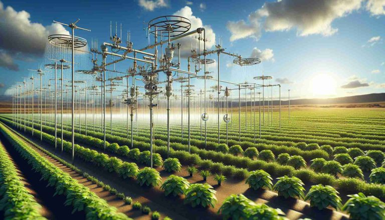 Generate a realistic High Definition image displaying innovative water conservation methods being employed in the agricultural sector of Texas. The scene should depict a vast, sunlit field with crops thriving under an advanced irrigation system. Include components like capillary tubes, drip irrigation, and other cutting-edge watering apparatus. The background might showcase a classic wide-open Texas landscape with its distinctive brushy terrain and clear blue sky.