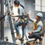 Generate a high-definition realistic image showcasing new safety innovations in preventing falls at the workplace. The image should feature fall arrest systems like safety harness and lifelines, anti-slip floor mats, and sturdy step ladders. In the scene, include a middle-aged Asian female worker cautiously climbing a high-tech ladder equipped with the latest safety features and a young Hispanic male supervisor observing her and ensuring that safety protocols are being followed.