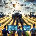 A high-definition, realistic image bringing to life the rise of revolutionary farming techniques. Visualize advanced machinery like self-driving tractors working in perfect harmony within vast fields of golden grains. Drones scan the crop health from the skies while farmers, including all genders and multiple descents such as Caucasian, Hispanic, and Middle-Eastern, monitor advanced touch-screen panels displaying yield, soil health, and weather data. From the foreground to the horizon, inventive irrigation systems are visible, promoting efficient water usage on the farm.