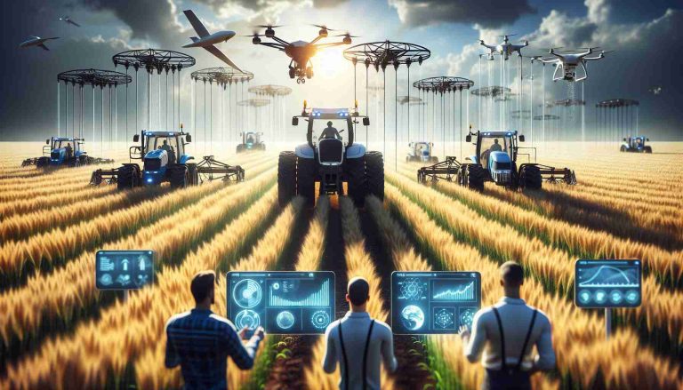 A high-definition, realistic image bringing to life the rise of revolutionary farming techniques. Visualize advanced machinery like self-driving tractors working in perfect harmony within vast fields of golden grains. Drones scan the crop health from the skies while farmers, including all genders and multiple descents such as Caucasian, Hispanic, and Middle-Eastern, monitor advanced touch-screen panels displaying yield, soil health, and weather data. From the foreground to the horizon, inventive irrigation systems are visible, promoting efficient water usage on the farm.