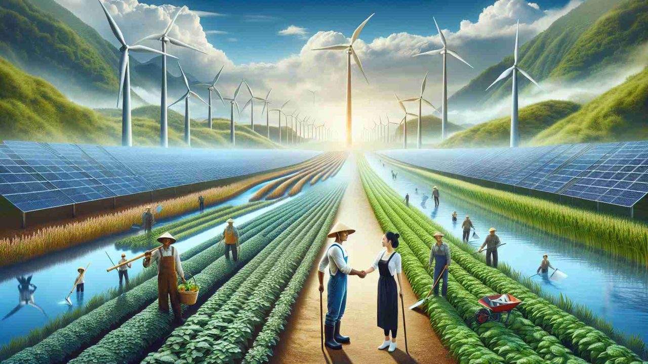 A realistic high-definition image that symbolizes the union of agriculture and renewable energy for a sustainable future. In this depiction, visualize a lush farmland, with healthy crops reaching to the horizon under a bright azure sky. Wind turbines gracefully turn in the distance, while solar panels are installed strategically among rows of crops. A flowing river supporting a hydroelectric dam can be seen at the edge of the farm, hinting at hydroenergy. Idealized figures, a male personification of Agriculture, South Asian with work clothes and tools, and a female personification of Renewable Energy, Black, with symbols of wind, solar, and water power, are shaking hands.