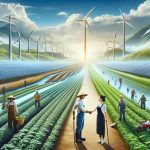 A realistic high-definition image that symbolizes the union of agriculture and renewable energy for a sustainable future. In this depiction, visualize a lush farmland, with healthy crops reaching to the horizon under a bright azure sky. Wind turbines gracefully turn in the distance, while solar panels are installed strategically among rows of crops. A flowing river supporting a hydroelectric dam can be seen at the edge of the farm, hinting at hydroenergy. Idealized figures, a male personification of Agriculture, South Asian with work clothes and tools, and a female personification of Renewable Energy, Black, with symbols of wind, solar, and water power, are shaking hands.