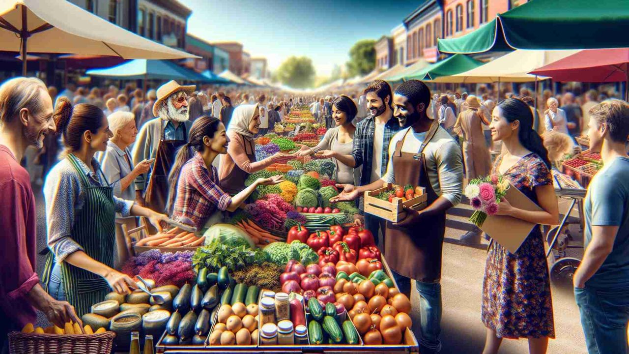 Imagine a high-definition, realistic photo that represents the concept of 'opportunities abound'. Picture a bustling, colorful farmers market on a sunny day. A Caucasian female farmer displays her ripe produce, conversing with a Black male customer interested in purchasing. A Middle-Eastern female vendor across the aisle warmly invites a South Asian male passerby to try her special homemade dips. A Hispanic male flower vendor presents a bouquet to a pleased East Asian female customer. This image symbolizes the vibrancy and cultural exchange taking place in seasonal work environments.