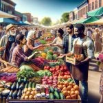 Imagine a high-definition, realistic photo that represents the concept of 'opportunities abound'. Picture a bustling, colorful farmers market on a sunny day. A Caucasian female farmer displays her ripe produce, conversing with a Black male customer interested in purchasing. A Middle-Eastern female vendor across the aisle warmly invites a South Asian male passerby to try her special homemade dips. A Hispanic male flower vendor presents a bouquet to a pleased East Asian female customer. This image symbolizes the vibrancy and cultural exchange taking place in seasonal work environments.