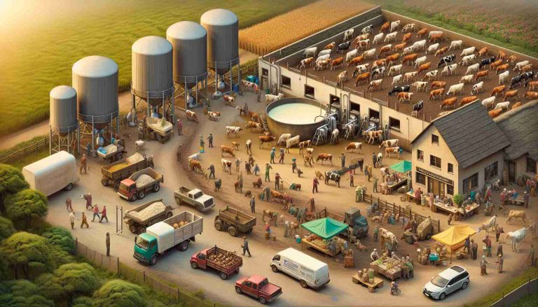 An authentic, high-definition image showing the resurgence of small-scale dairy farming acting as a catalyst for economic growth. The scene captures a bustling dairy farm with a variety of cows grazing, farmers of varying descents and genders at work—milking the cattle, and loading products into delivery vehicles. Nearby, a makeshift farmers market exhibits the dairy produce where patrons of diverse descents and genders are purchasing with enthusiasm. Also, in progress – construction of new buildings, symbolizing economic growth.