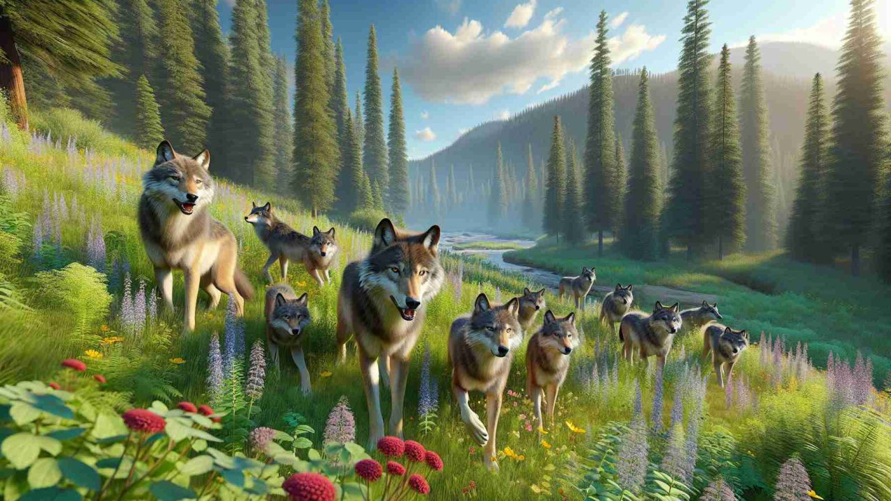 High-resolution, realistic depiction of a pack of wolves that have been safely relocated to a new, flourishing habitat in the state of Colorado. The pack is exploring their verdant surroundings, marked by towering pine trees, wildflowers, and winding rivers under the azure sky. Focus on the wolves' curiosity and adaptability as they acquaint themselves with their new environment.