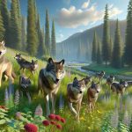 High-resolution, realistic depiction of a pack of wolves that have been safely relocated to a new, flourishing habitat in the state of Colorado. The pack is exploring their verdant surroundings, marked by towering pine trees, wildflowers, and winding rivers under the azure sky. Focus on the wolves' curiosity and adaptability as they acquaint themselves with their new environment.