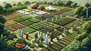 A detailed and realistic HD photo representing sustainable agriculture practices in Nigeria for self-sufficiency. The scene features a large verdant field with a variety of crops growing in an organized manner. Workforce on the farm consists of men and women of diverse age groups. One can spot a female farmer of South Asian descent, tending to the crops, a Hispanic young male carefully inspecting the plants, a Middle-Eastern older man operating the crop irrigation system and a Black woman collecting healthy ripe produce in a basket. Incorporate elements like composting piles, drip irrigation systems, and windmills harnessing renewable energy.