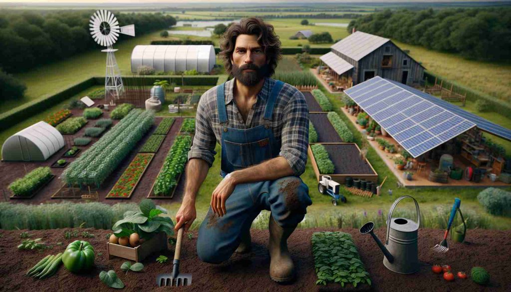 A realistic HD image of a man who is dedicated to sustainable living practices on his agricultural property. He has distinct features, with medium-length wavy hair and a beard. The landscape captures a variety of farming aspects - renewable greenhouses for vegetables, a compost section, a windmill for power, solar panels and a rainwater harvesting system. The man is seen tending to his garden, with tools like a hoe and a watering can, his hands covered in earth. His clothing is typical of a farmer - denim overalls with a plaid shirt underneath, his boots muddied from his work.