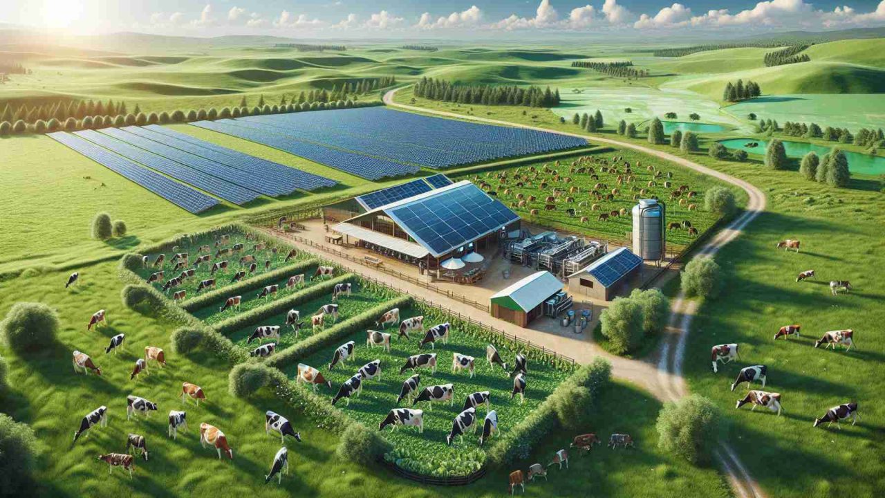 Create a realistic, high-definition image depicting a dairy farm that has embraced sustainable agricultural practices. Show fields of lush green grass, lined with rows of photovoltaic solar panels, providing power for the modern farmstead. Around the field, plant diverse vegetation to support a healthy ecosystem and mitigate soil erosion. Also, include a pasture with a healthy herd of dairy cows of various breeds including Jerseys, Holsteins, and Guernseys, grazing naturally. Include a barn equipped with modern milking machines that are energy-efficient, along with an anaerobic digester, converting manure into bio-fuel. Capture the essence of vibrant, eco-friendly dairy farming with a bright sky overhead.