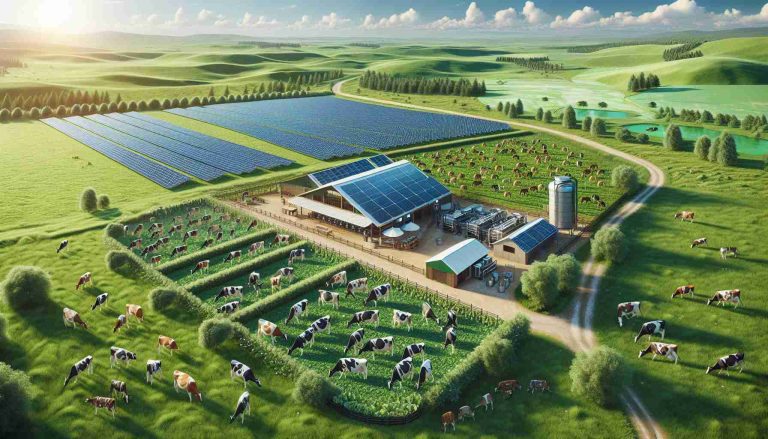 Create a realistic, high-definition image depicting a dairy farm that has embraced sustainable agricultural practices. Show fields of lush green grass, lined with rows of photovoltaic solar panels, providing power for the modern farmstead. Around the field, plant diverse vegetation to support a healthy ecosystem and mitigate soil erosion. Also, include a pasture with a healthy herd of dairy cows of various breeds including Jerseys, Holsteins, and Guernseys, grazing naturally. Include a barn equipped with modern milking machines that are energy-efficient, along with an anaerobic digester, converting manure into bio-fuel. Capture the essence of vibrant, eco-friendly dairy farming with a bright sky overhead.