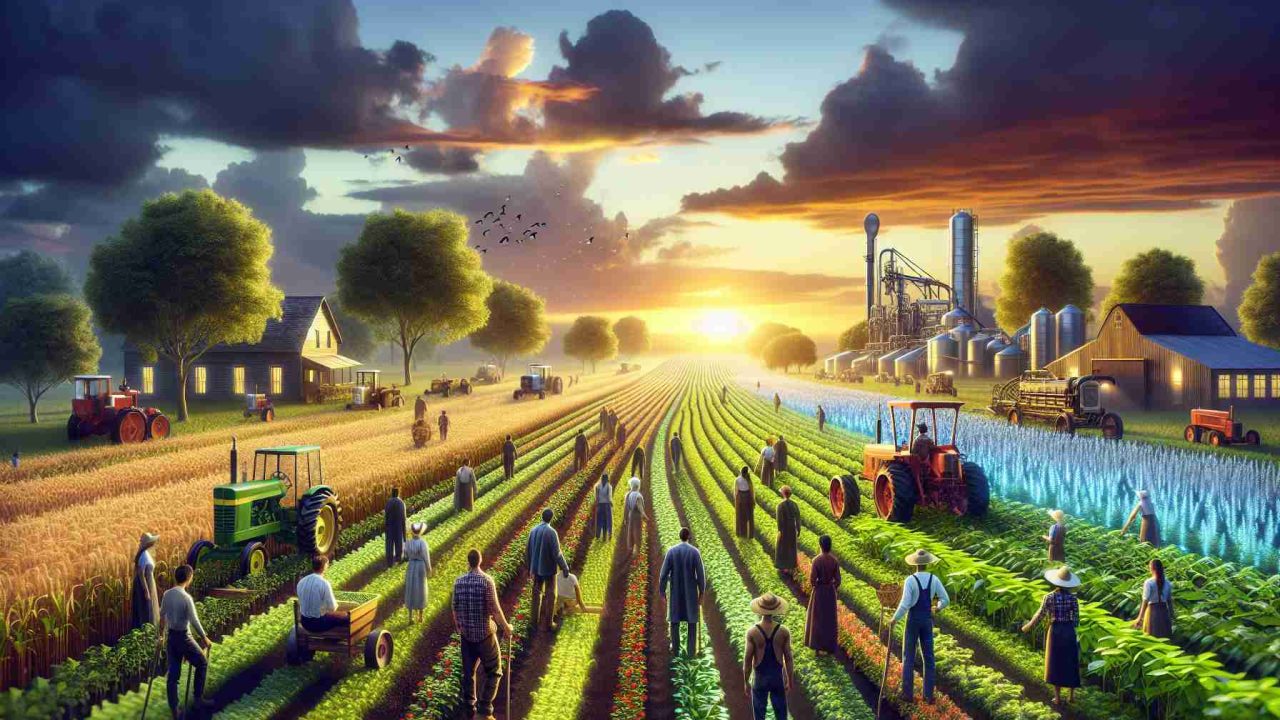 Realistic high-definition image depicting a scene of revitalized American agriculture, visualizing a futuristic concept. The image incorporates elements of sustainable farming practices, innovative technology, and diverse group of male and female farmers of Caucasian, Hispanic, Black, Middle-Eastern, South Asian descent. Fields stretch towards the horizon with an array of different crops grown, blossoming under a sky colored by the sun setting signals an end yet also promises a new beginning. Bridging tradition and innovation, old and new machinery mingle, mirroring the diverse group of farmers employing them.