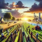 Realistic high-definition image depicting a scene of revitalized American agriculture, visualizing a futuristic concept. The image incorporates elements of sustainable farming practices, innovative technology, and diverse group of male and female farmers of Caucasian, Hispanic, Black, Middle-Eastern, South Asian descent. Fields stretch towards the horizon with an array of different crops grown, blossoming under a sky colored by the sun setting signals an end yet also promises a new beginning. Bridging tradition and innovation, old and new machinery mingle, mirroring the diverse group of farmers employing them.