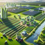 A high definition realistic depiction of the future envisioned for agriculture, displaying an integration of sustainable solutions. The contrasting scene of advanced technology coupled with the nature's serenity. Drone technology monitoring vast, lush green fields under the bright sky, promoting efficient use of resources. Visible are solar-powered machinery working on plots of land, vertical farming structures maximizing use of space, and a variety of multi-storied greenhouses. A river running across the farmland ensures a natural source of water, illustrating the perfect blend of innovation and sustainability.