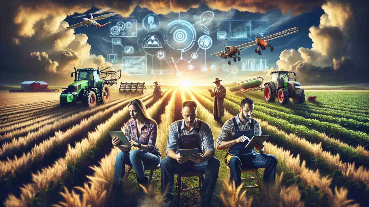 High-definition realistic image depicting the revolution of agriculture: Innovative banking solutions for farmers. Show farmers of different descents such as a Hispanic male farmer, a Caucasian female farmer, and a Middle Eastern male farmer in the forefront, use tablets and smart devices. The background reveals a flourishing farm landscape. Digitally represented in the sky, depict a blend of traditional farming equipment and modern technology like drones, digital maps and charts, signifying the fusion of tradition and innovation in agriculture.