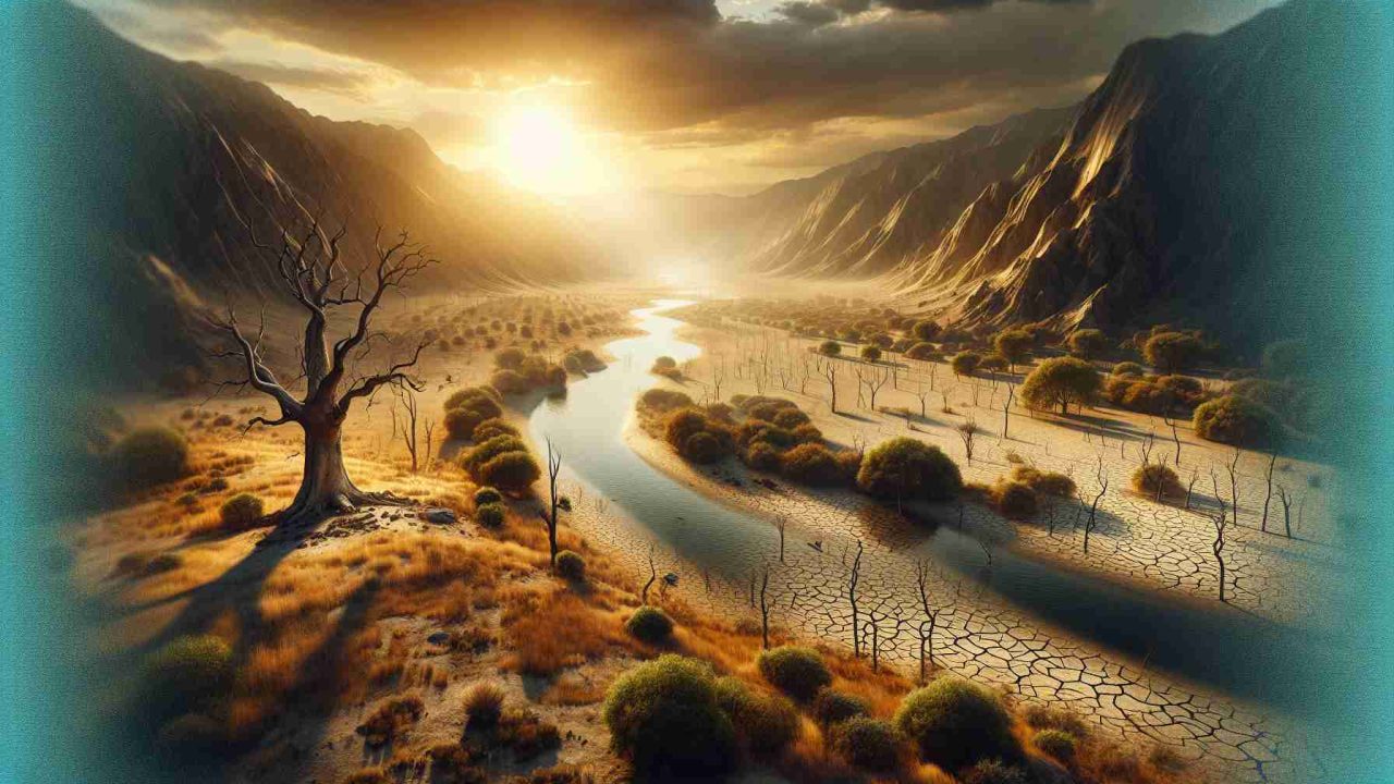 Create a realistic, high-definition image of a severe drought hitting the landscapes of England in the year 2024. Display arid fields, parched river beds, and withering trees under the intense summer sun.