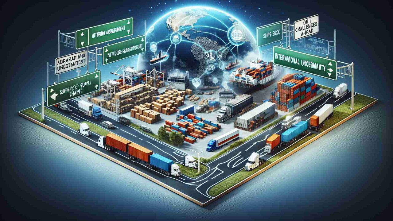 A visual representation of the challenges faced by America's supply chain after an interim agreement. The image should depict a warehouse filled with various goods, container trucks, ships, and perhaps a globe denoting international supply routes. Everything should have a haze over them symbolizing future uncertainty, and road signs denoting 'Challenges Ahead'. Remember to use high-quality, realistic aesthetics for the presentation.