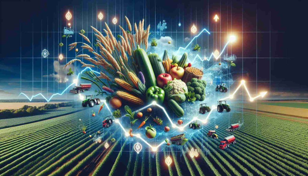 A high-definition, realistic image representing the concept of a positive perspective on agricultural stocks despite overall market pessimism. The image contains elements of the stock market, such as graphs and stock ticker symbols, intertwined with symbols of agriculture such as fields of crops, a tractor, and a basket of various fruits and vegetables. The market elements show signs of down trends, while the agriculture symbols are luminous and thriving, to signify the contrast.