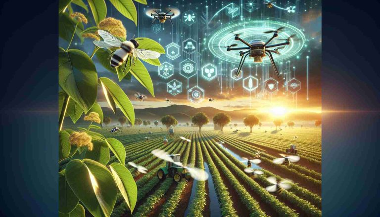 High definition, realistic image depicting a scene around the innovative concept of Polybee Drones. These drones are revolutionizing agriculture towards a sustainable future. Detailing a landscape with fertile fields, different agricultural drones are buzzing overhead, busily moving from plant to plant. Also include a close-up view of a Polybee drone with its intricate design showing a fine balance of technology and nature. The backdrop is a brighter dawn symbolizing the new era of environmentally friendly farming procedures.