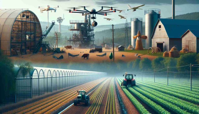 Create a High-definition realistic image that visually interprets the increasing influence of corporations over agricultural practices. This scene should include signs of advanced technology being implemented in a rural farm setting, like drones monitoring crop growth, automated machines working on the fields, and tech-infused greenhouses. Then, contrast these with traditional farming tools and techniques still present such as manual ploughs, scarecrows, and wooden barns. The image should subtly convey the transition from traditional to corporate-led farming.