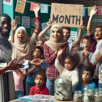 High definition snapshot portraying a diverse community gathering together for a month-long fundraising campaign. Imagine a Middle-Eastern woman actively addressing the crowd, a Black man enthusiastically handing out flyers, and a group of Hispanic and South Asian children enthusiastically collecting donations in their respective jars. Include an array of colorful campaign banners and posters in the background. Also, ensure a sense of unity, positivity and eagerness permeates the scene.