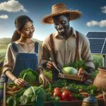 High-definition, realistic visual portraying an empowering scene of farmers involved in sustainable agriculture. The image presents an African male farmer with a dark complexion, donning a straw hat, examining the healthy crops with a pleased expression. Nearby, an Asian female farmer with medium complexion is harvesting organically grown produce, looking satisfied with her yield. They are surrounded by lush green fields under a clear blue sky, symbolizing prosperity and forming a wonderful backdrop. Around them are various sustainable farming tools, eco-friendly reusable water containers, solar panels and compost bins, illustrating the theme of sustainable agriculture.