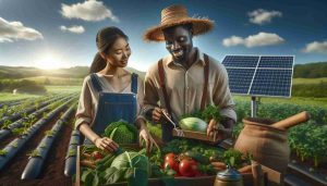 High-definition, realistic visual portraying an empowering scene of farmers involved in sustainable agriculture. The image presents an African male farmer with a dark complexion, donning a straw hat, examining the healthy crops with a pleased expression. Nearby, an Asian female farmer with medium complexion is harvesting organically grown produce, looking satisfied with her yield. They are surrounded by lush green fields under a clear blue sky, symbolizing prosperity and forming a wonderful backdrop. Around them are various sustainable farming tools, eco-friendly reusable water containers, solar panels and compost bins, illustrating the theme of sustainable agriculture.