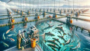 Generate a realistic, high-definition image that displays the revolutionary methods of sustainable aquaculture. There should be a mix of elements centered around salmon farming: modern equipment that preserves the salmon's habitat, feeding techniques that ensure the salmon's health and growth. The scenery should include clean, clear water bodies in which salmon are swimming, enclosed by cages or nets. The background should depict a harmonious blend of technology and nature, illustrating the sustainable approach towards farming. Add a mid-distance view to capture different operations in the farm. Specify the people operating the machinery as Middle-Eastern female and South Asian male while ensuring they wear safety gears and aquaculture uniforms.