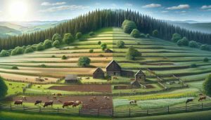 A realistic, high-definition image showcasing the gradual transformation of a rural farmland over time. The landscape should first depict untouched nature, with lush green forests and wildflowers under a clear, sunny sky. Progressively, human impact begins to show its face, with fields being cleared for agriculture and wooden fences erected. Then, small farm buildings emerge, made from timber and stone. Livestock wander in and out of these structures, gracing the pastures. Over time, crops grow in the fields under the watchful eyes of farm workers. It's a beautiful saga of human-nature interaction and evolution throughout different seasons and years.