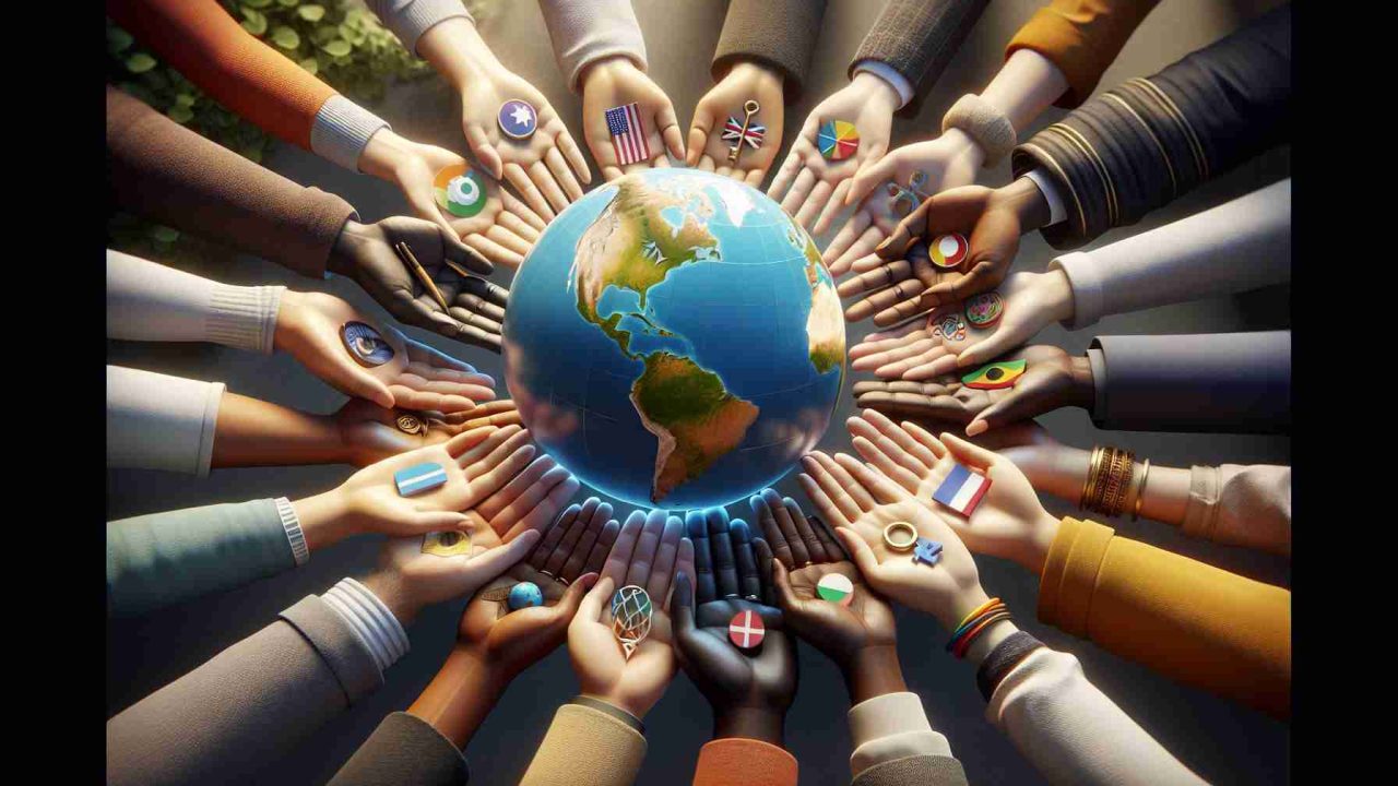 A high-definition, realistic image depicting the concept of global collaboration. Display a series of hands of different races, such as Caucasian, Black, Hispanic, Middle-Eastern and South Asian, reaching out towards a miniature globe in the center. To further signify collaboration, include diverse symbols of culture, education, and innovation dispersed evenly across the scene. Reflect quiet optimism and unity in the color palette. The scene could be set in a peaceful environment with soft nature-inspired colors.