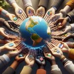 A high-definition, realistic image depicting the concept of global collaboration. Display a series of hands of different races, such as Caucasian, Black, Hispanic, Middle-Eastern and South Asian, reaching out towards a miniature globe in the center. To further signify collaboration, include diverse symbols of culture, education, and innovation dispersed evenly across the scene. Reflect quiet optimism and unity in the color palette. The scene could be set in a peaceful environment with soft nature-inspired colors.