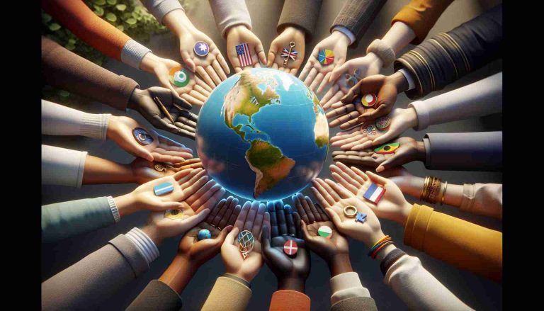 A high-definition, realistic image depicting the concept of global collaboration. Display a series of hands of different races, such as Caucasian, Black, Hispanic, Middle-Eastern and South Asian, reaching out towards a miniature globe in the center. To further signify collaboration, include diverse symbols of culture, education, and innovation dispersed evenly across the scene. Reflect quiet optimism and unity in the color palette. The scene could be set in a peaceful environment with soft nature-inspired colors.