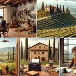 A high-definition, realistic image of a writer's retreat located in the Italian countryside. The scene should showcase a calming and inspiring place, nestled within lush rolling hills and rustic vineyards. Picture a classic Italian villa with stone walls and terracotta roofs, surrounded by cypress trees. Inside the retreat, there should be an Asian male writer working on a vintage typewriter, while an African female writer sketches her thoughts in a notebook, both of them motivated and inspired by the serene surroundings. Include some details like a cup of steaming coffee, a stack of books, and glasses left beside an open window with breathtaking countryside view.