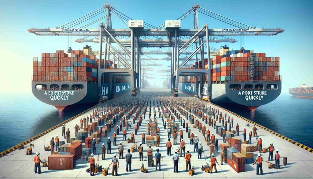 An image displaying the commencement of a new era of collaboration after resolving a port strike quickly. The scene unfolds under clear, blue skies featuring numerous dock workers of diverse descents and genders, unified in their work. Towering cranes loom in the background lifting heavy cargo while giant shipping containers sit stacked in an impressive display of order and efficiency. Decals on the cranes and containers celebrate the strike's resolution, symbolizing the newfound harmony. The quality and detail of the image suggest a high-definition, realistic photograph.