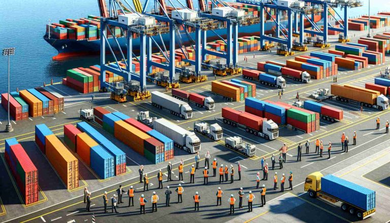 Generate a high-definition, realistic image of a sea port. Depict container cranes idle, with no loading or unloading activities happening. There should be stacks of colorful shipping containers left untouched, docks empty with no incoming or outgoing ships, trucks lined up waiting for cargo, and workers standing idle, discussing the impact of a workers' strike on the port's operations. Some workers are Caucasian, some South Asian, while others are Hispanic. Both men and women are present, all geared in the typical safety vests and hard hats.